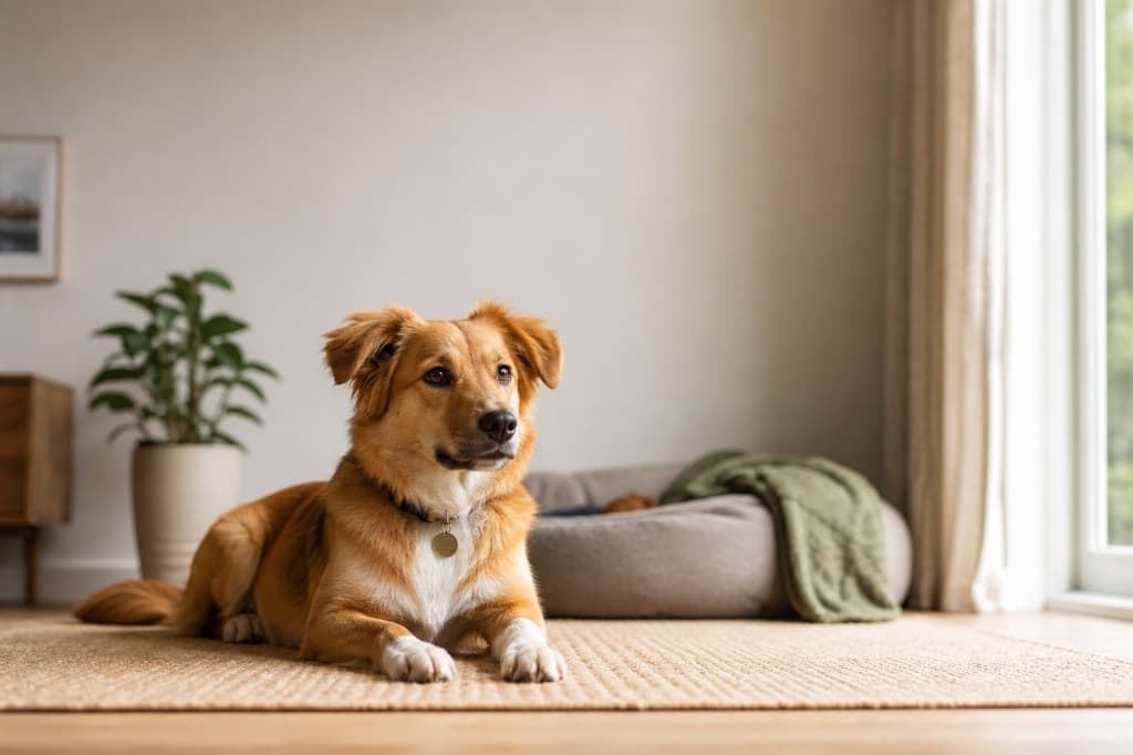 Golden-brown dog lying calmly on a natural-fibre rug in a bright modern living room, with a dog bed and plant softly blurred in the background