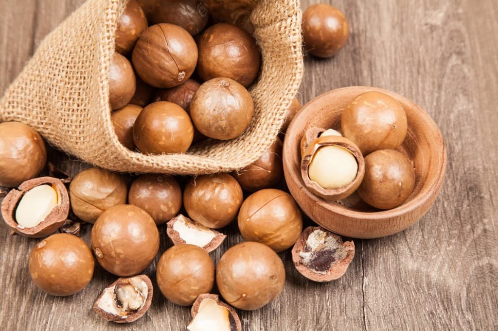Macadamia nuts in brown shells spilling from a burlap sack onto a wooden table beside a small wooden bowl with a shelled kernel visible